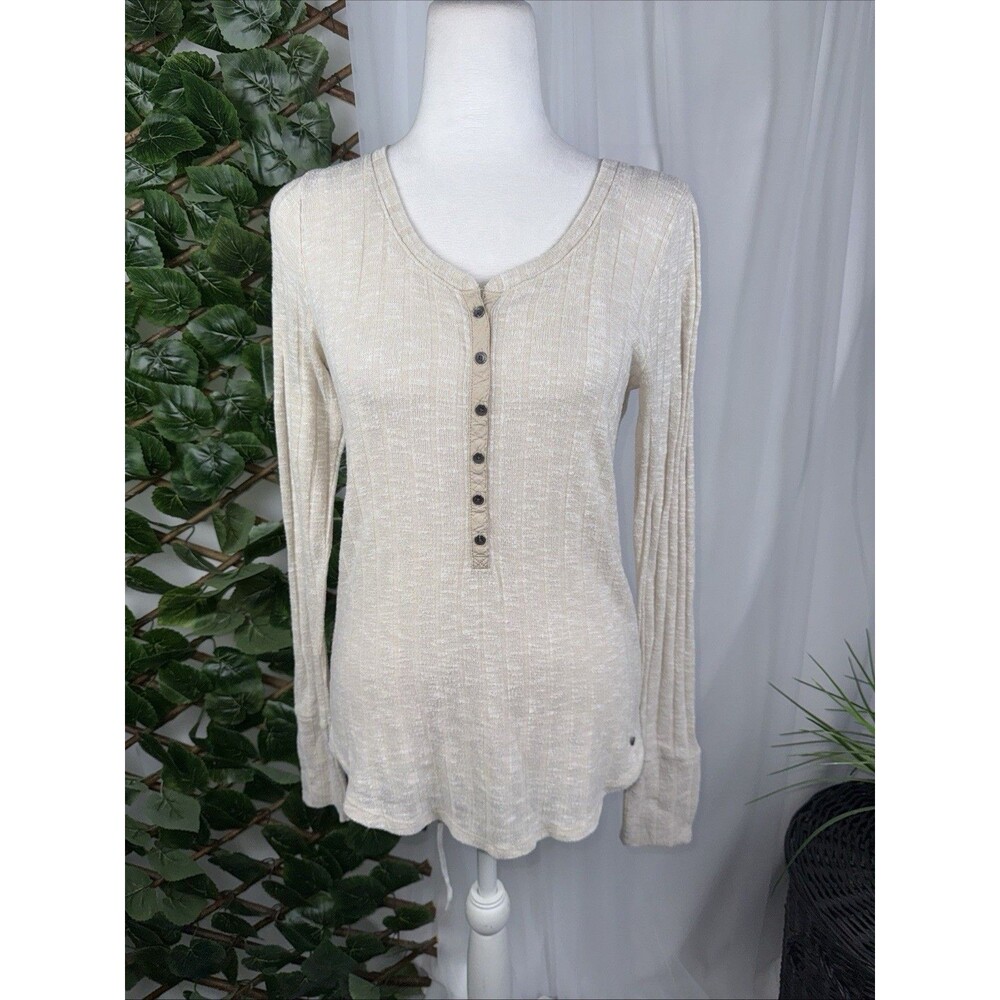 Abercrombie & Fitch Oatmeal Ribbed Knit Long Sleeve Henley Y2K Women's Medium